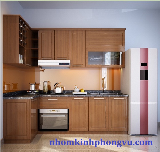 Tủ bếp nhôm kính vân gỗ TBNK02